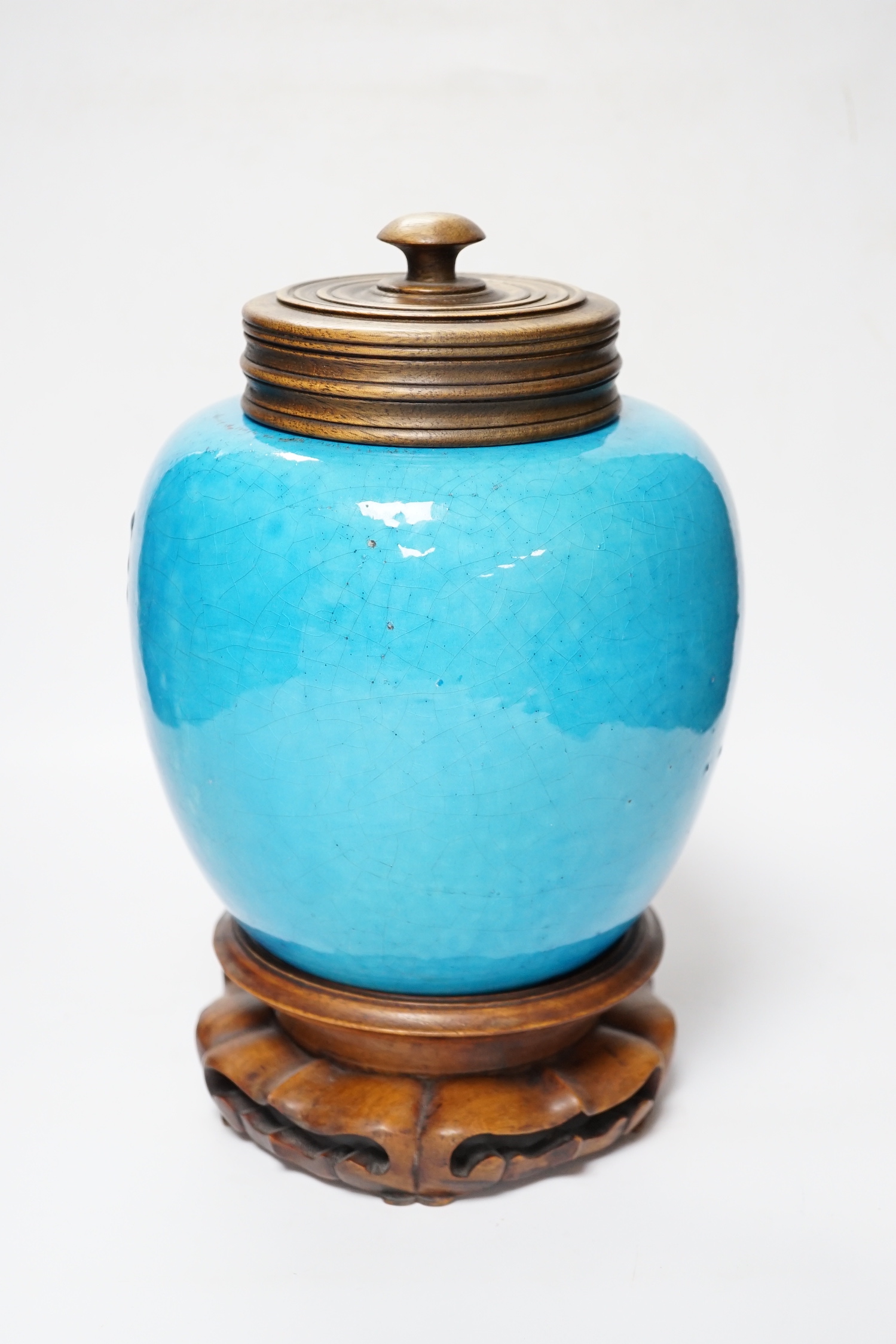 Robert Lallemant (1902-1954), a French turquoise glazed vase with Chinese hardwood stand and cover, 30cm total height